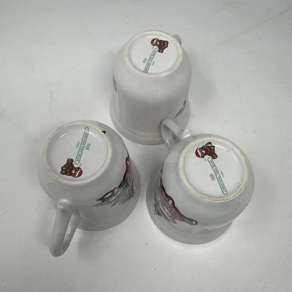 Vintage Christmas Tree Bear Teddy Plate Cup Set Stoneware 4 Dinner 4 Salad 3 Cup